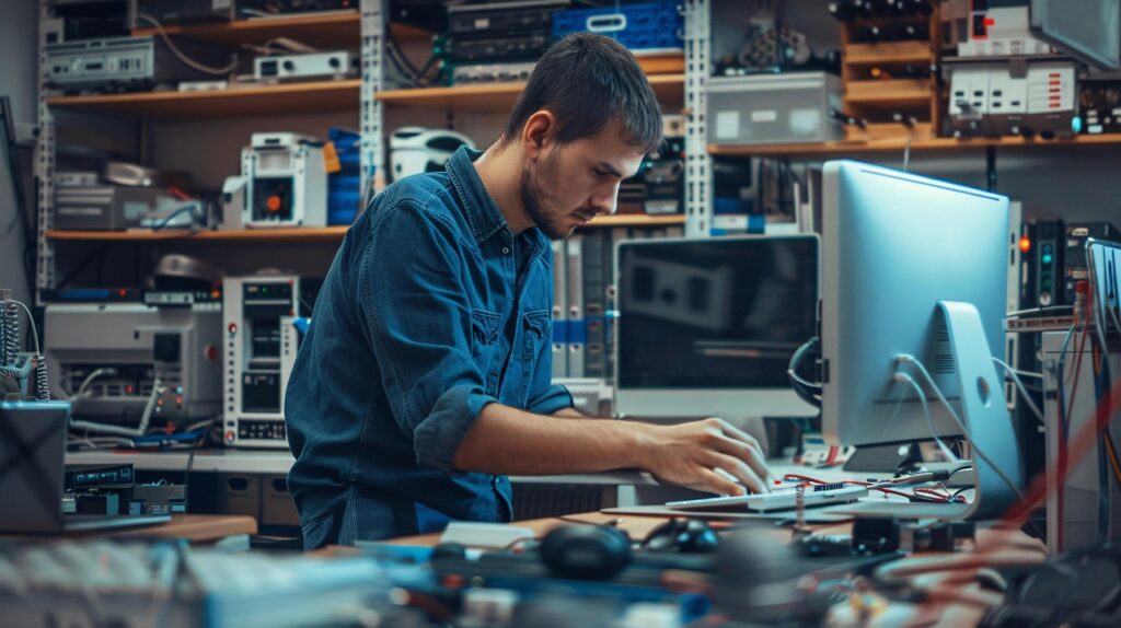 Técnico informático trabajando con ordenadores y equipos electrónicos en laboratorio de tecnología avanzada