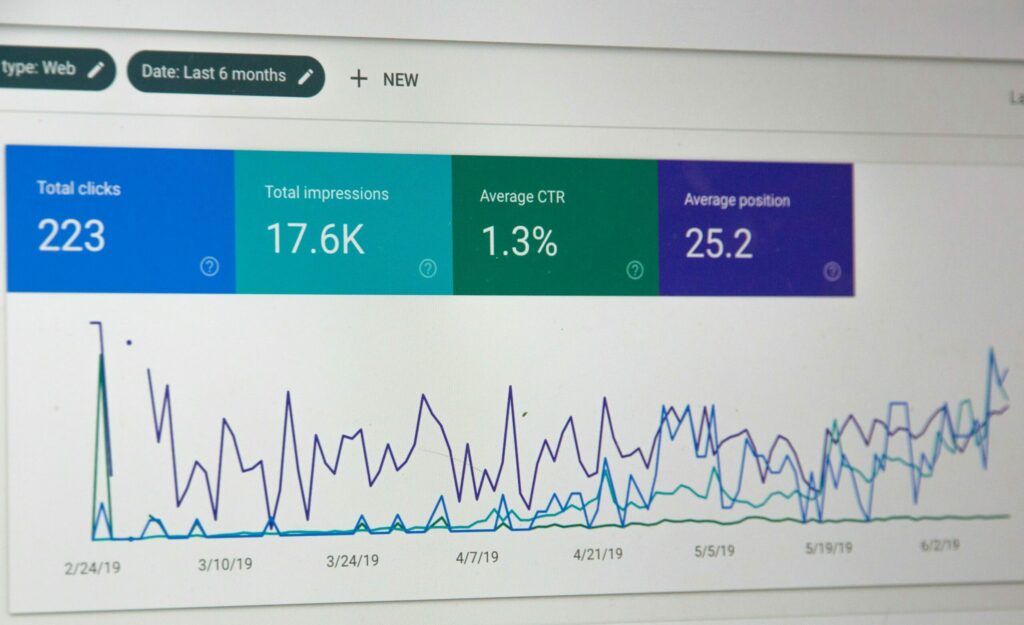 Panel de Google Search Console con métricas de clicks, impresiones, CTR y posición media, mostrando gráfico de resultados SEO web